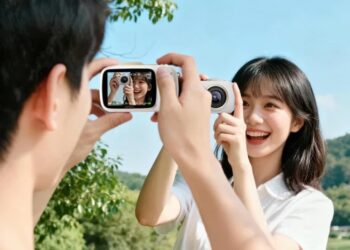 یک زوج جوان در حال عکاسی سلفی با دوربین دیجیتال سفید رنگ لنوو X1 در فضای باز.