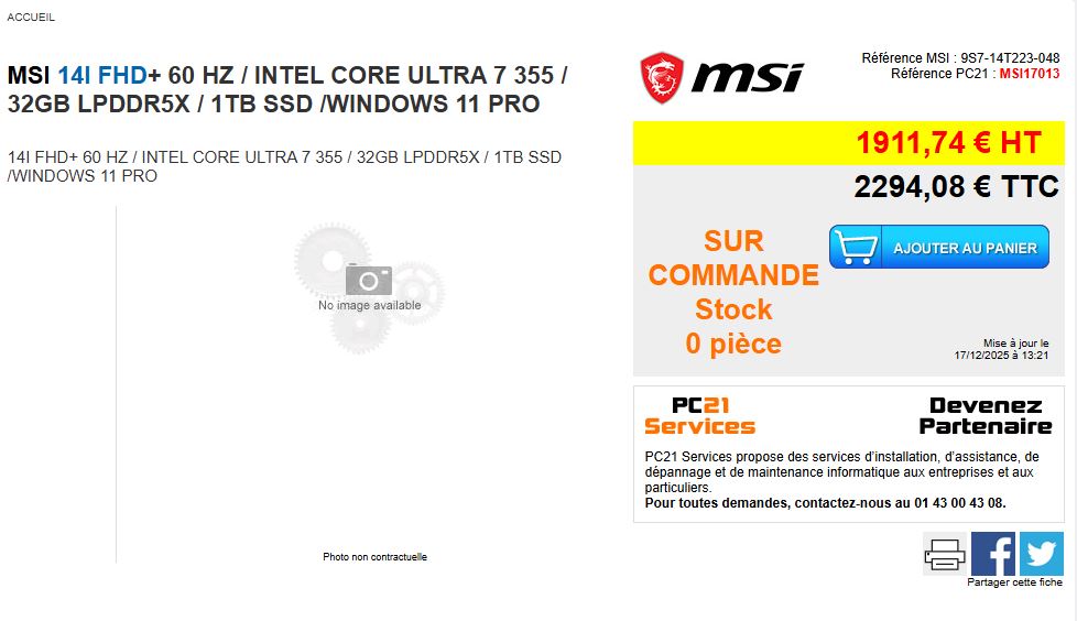 اسکرینشات مشخصات و قیمت لپتاپ ۱۴ اینچی MSI با پردازنده Core Ultra 7.