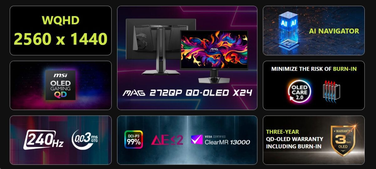 اینفوگرافیک ویژگیهای برجسته مانیتور شامل گارانتی ۳ ساله، تکنولوژی OLED Care 2.0 و زمان پاسخگویی ۰.۰۳ میلیثانیه.