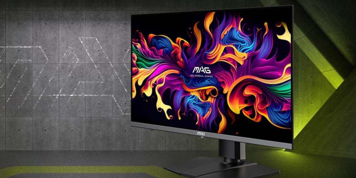 نمای زاویهدار مانیتور گیمینگ MSI مدل MAG 272QP QD-OLED X24 با تصویر پسزمینه رنگارنگ انتزاعی.