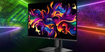 نمای روبروی مانیتور گیمینگ MSI مدل MAG 274QP با صفحه نمایش روشن و طرح‌های انتزاعی رنگارنگ که کیفیت تصویر را نشان می‌دهد.