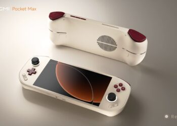 نمای تبلیغاتی Mangmi Pocket Max در رنگ Retro GB با ترکیب بدنه کرم و دکمه‌های زرشکی، نمایش پنل پشتی و جلویی، صفحه‌نمایش لمسی و طراحی الهام‌گرفته از کنسول‌های کلاسیک دستی