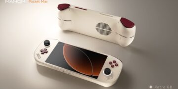 نمای تبلیغاتی Mangmi Pocket Max در رنگ Retro GB با ترکیب بدنه کرم و دکمه‌های زرشکی، نمایش پنل پشتی و جلویی، صفحه‌نمایش لمسی و طراحی الهام‌گرفته از کنسول‌های کلاسیک دستی