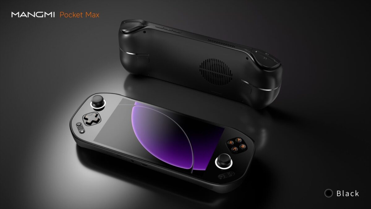 رندر رسمی کنسول دستی Mangmi Pocket Max در رنگ مشکی، نمایش بخش جلویی با صفحه‌نمایش لمسی، آنالوگ و دکمه‌های کلاسیک در کنار نمای پشت دستگاه، تاکید بر طراحی مدرن و ظاهر مینیمال