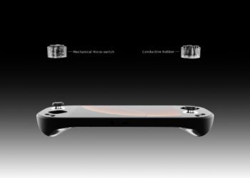 نمای فنی کنسول دستی Mangmi Pocket Max با کنترل‌های ماژولار قابل تعویض، نمایش تفاوت سوییچ مکانیکی و لاستیکی رسانا برای دکمه‌ها، تمرکز بر شخصی‌سازی کنترل و طراحی ارگونومیک