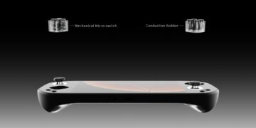 نمای فنی کنسول دستی Mangmi Pocket Max با کنترل‌های ماژولار قابل تعویض، نمایش تفاوت سوییچ مکانیکی و لاستیکی رسانا برای دکمه‌ها، تمرکز بر شخصی‌سازی کنترل و طراحی ارگونومیک