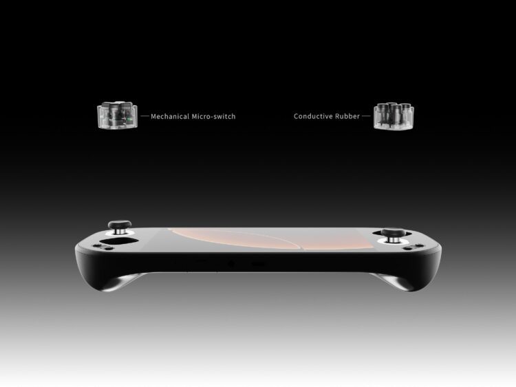 نمای فنی کنسول دستی Mangmi Pocket Max با کنترلهای ماژولار قابل تعویض، نمایش تفاوت سوییچ مکانیکی و لاستیکی رسانا برای دکمهها، تمرکز بر شخصیسازی کنترل و طراحی ارگونومیک