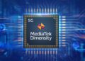 نمای گرافیکی از پردازنده ۵ جی MediaTek Dimensity با حاشیه درخشان.