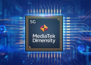 نمای گرافیکی از پردازنده ۵ جی MediaTek Dimensity با حاشیه درخشان.