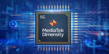نمای گرافیکی از پردازنده ۵ جی MediaTek Dimensity با حاشیه درخشان.