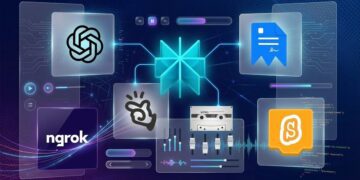 یک تصویر مفهومی انتزاعی از اتصال فناوری با چندین نماد برنامه کاربردی، از جمله نماد ChatGPT، ngrok، و یک نماد S نارنجی در جریان داده‌های دیجیتال و بصری‌سازی صوتی.