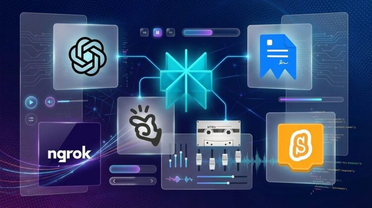 یک تصویر مفهومی انتزاعی از اتصال فناوری با چندین نماد برنامه کاربردی، از جمله نماد ChatGPT، ngrok، و یک نماد S نارنجی در جریان دادههای دیجیتال و بصریسازی صوتی.