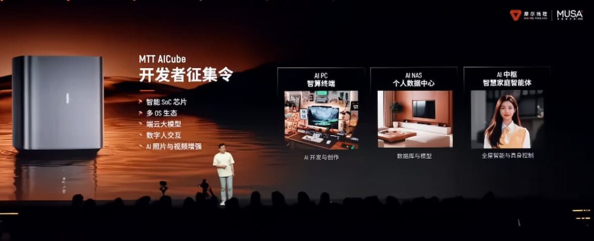 معرفی اکوسیستم و کاربردهای خانگی و اداری MTT AICube بر روی صحنه کنفرانس.