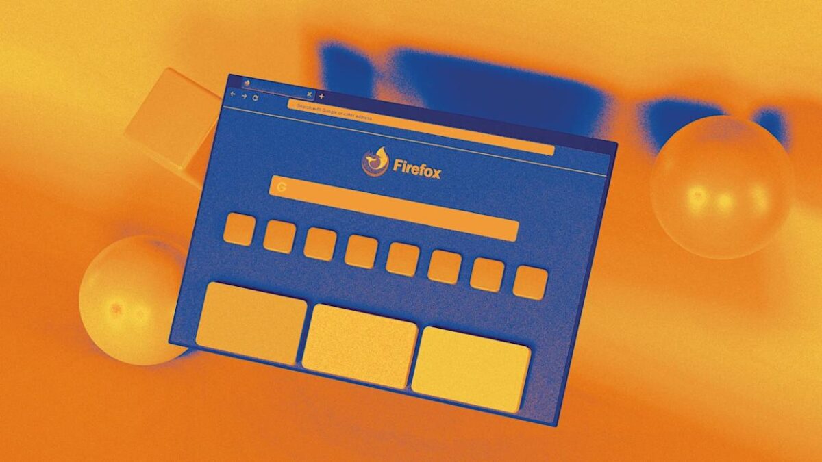 تصویرسازی گرافیکی و سهبعدی از پنجره مرورگر فایرفاکس در یک پسزمینه نارنجی رنگ.