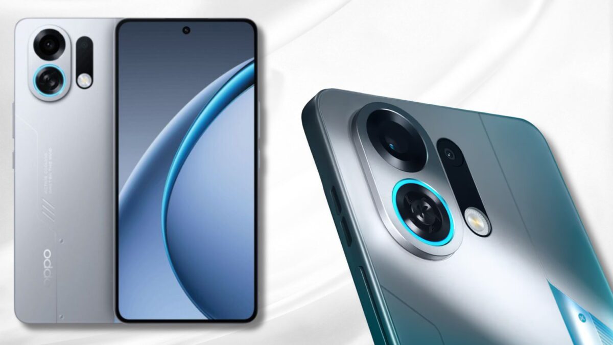 نمای رسمی گوشی Oppo K13 Turbo شامل نمایشگر با حفره مرکزی و نمای کلوزآپ ماژول دوربین پشتی با حلقه نوری آبی، تمرکز بر طراحی صنعتی و جزئیات سخت‌افزاری