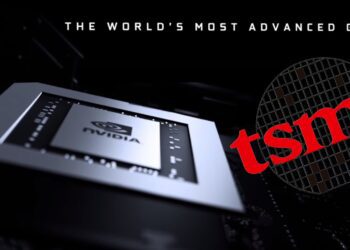 یک پردازنده گرافیکی (GPU) انویدیا در یک زاویه کم، با آرم بزرگ TSMC و یک ویفر سیلیکونی در پس‌زمینه.