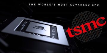 یک پردازنده گرافیکی (GPU) انویدیا در یک زاویه کم، با آرم بزرگ TSMC و یک ویفر سیلیکونی در پس‌زمینه.