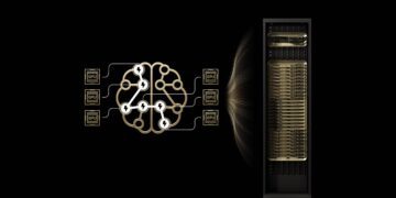 گرافیک مفهومی نشان‌دهنده ارتباط شبکه عصبی تراشه‌ها با سرور رک انویدیا.