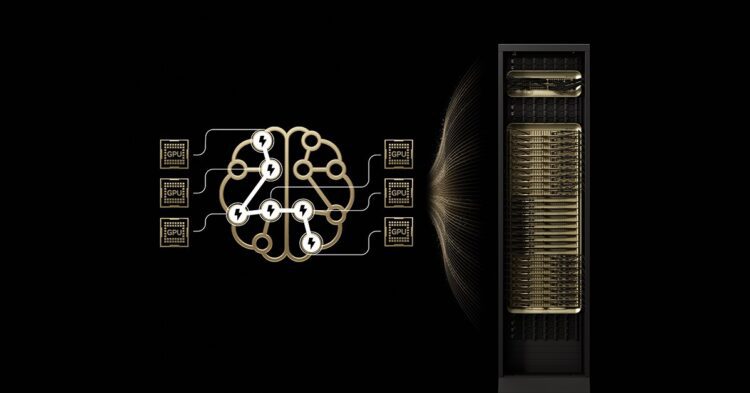 گرافیک مفهومی نشاندهنده ارتباط شبکه عصبی تراشهها با سرور رک انویدیا.