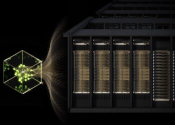 رندر گرافیکی از رک‌های سرور هوش مصنوعی انویدیا Blackwell که در حال پردازش داده‌ها (نماد مکعب درخشان) هستند.