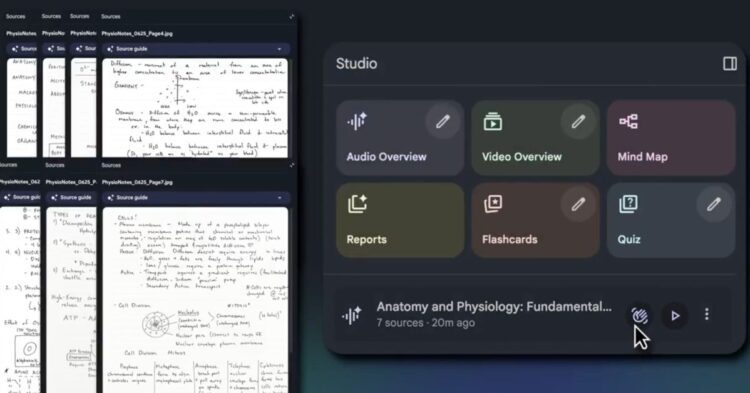 رابط دسکتاپ NotebookLM که یادداشت‌های دست‌نویس اسکن شده را در سمت چپ و منوی Studio با ابزارهایی مانند Audio Overview و Mind Map در سمت راست نشان می‌دهد.