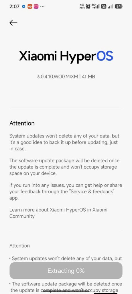 اسکرین‌شات محیط کاربری به‌روزرسانی سیستم‌عامل Xiaomi HyperOS نسخه 3.0.4.10.