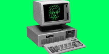 تصویر گرافیکی یک کامپیوتر رترو و قدیمی که مانیتور آن یک چهره دیجیتالی سبز رنگ (اسکن چهره) را نمایش می‌دهد.