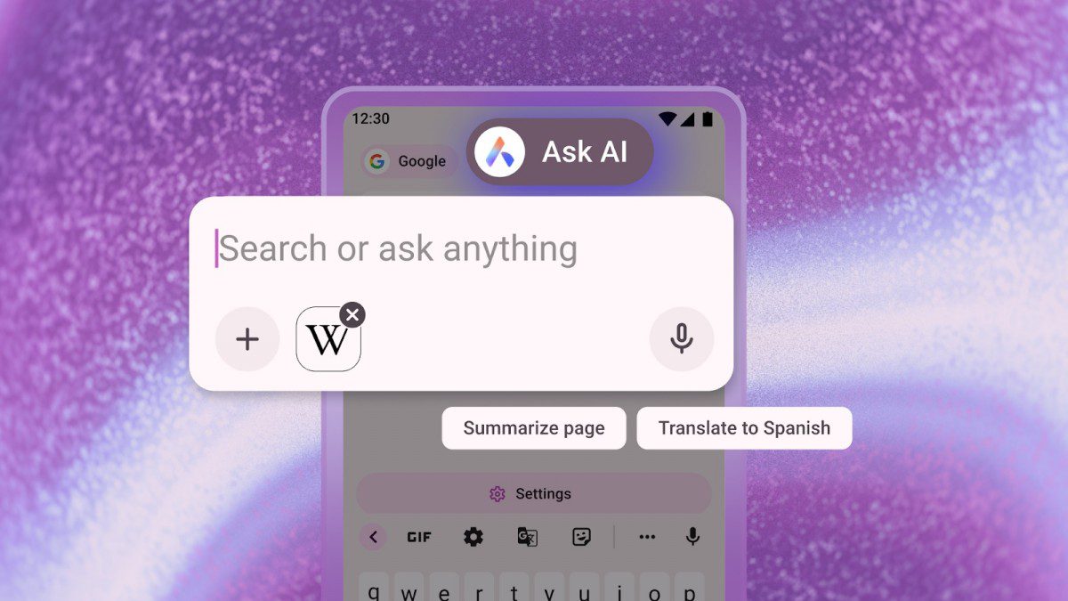 رابط کاربری قابلیت «Ask AI» در مرورگر اپرا که نوار جستجو، دکمه‌های میانبر مثل «خلاصه کردن صفحه» و کیبورد گوشی را نشان می‌دهد.