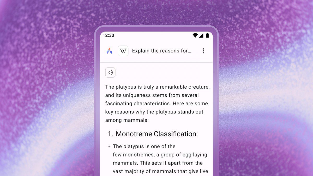 اسکرین‌شاتی از مرورگر اپرا در اندروید که پاسخ متنی تولید شده توسط هوش مصنوعی درباره ویژگی‌های «پلاتیپوس» را نمایش می‌دهد.