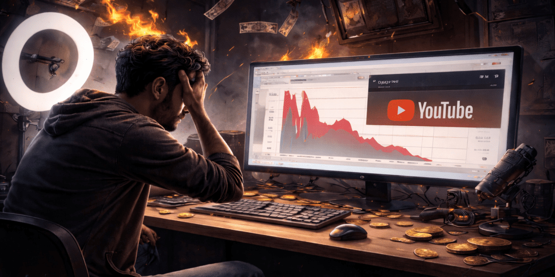 تصویر یک تولیدکننده محتوای نگران را نشان میدهد که مقابل مانیتور با نمودار درآمد در حال سقوط و لوگوی یوتیوب نشسته است و کاهش شدید درآمد تبلیغاتی را بهصورت نمادین نمایش میدهد.