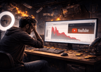 تصویر یک تولیدکننده محتوای نگران را نشان می‌دهد که مقابل مانیتور با نمودار درآمد در حال سقوط و لوگوی یوتیوب نشسته است و کاهش شدید درآمد تبلیغاتی را به‌صورت نمادین نمایش می‌دهد.