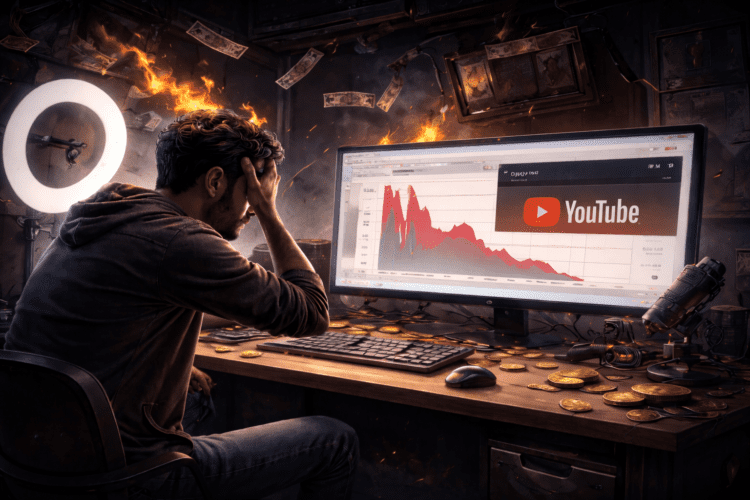 تصویر یک تولیدکننده محتوای نگران را نشان میدهد که مقابل مانیتور با نمودار درآمد در حال سقوط و لوگوی یوتیوب نشسته است و کاهش شدید درآمد تبلیغاتی را بهصورت نمادین نمایش میدهد.