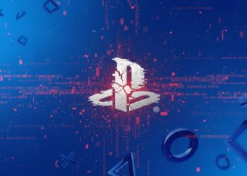 تصویر دیجیتال با لوگوی PlayStation شکسته در مرکز، زمینه آبی و نمادهای دکمه‌های پلی‌استیشن، جلوه کدهای قرمز و اشاره به امنیت شبکه و ضعف احتمالی