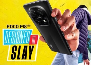 پوستر تبلیغاتی گوشی Poco M8 5G در دست یک کاربر با متن "Designed to Slay" در پس‌زمینه زرد.