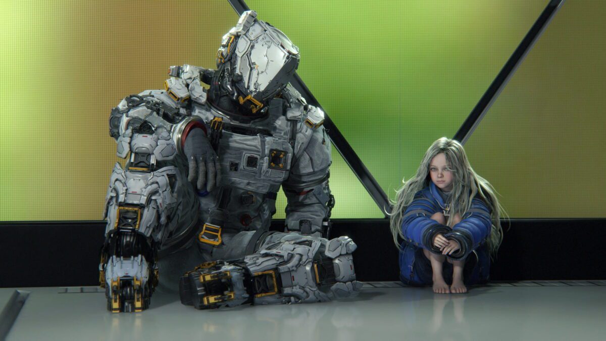 شخصیت زره‌‌پوش علمی‌–تخیلی در کنار دختری نشسته روی زمین در محیطی مینیمال با پس‌زمینه سبز، از بازی Pragmata با حال‌و‌هوای احساسی و آینده‌نگرانه