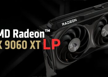 رندر تیزر کارت گرافیک AMD Radeon RX 9060 XT LP با طراحی فشرده، دو فن خنک‌ کننده و برندینگ Radeon، تمرکز بر عملکرد گیمینگ در کلاس کم‌ مصرف