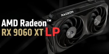 رندر تیزر کارت گرافیک AMD Radeon RX 9060 XT LP با طراحی فشرده، دو فن خنک‌ کننده و برندینگ Radeon، تمرکز بر عملکرد گیمینگ در کلاس کم‌ مصرف