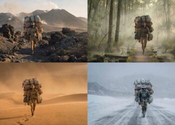 نمای ترکیبی از چهار محیط طبیعی شامل بیابان، جنگل، منطقه برفی و زمین آتشفشانی، با سوژه‌ای در حال پیمایش در مسیرهای متنوع ماجراجویانه، نمایش چالش‌های بقا و سفر در اقلیم‌ های گوناگون