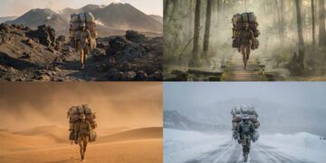 نمای ترکیبی از چهار محیط طبیعی شامل بیابان، جنگل، منطقه برفی و زمین آتشفشانی، با سوژهای در حال پیمایش در مسیرهای متنوع ماجراجویانه، نمایش چالشهای بقا و سفر در اقلیم های گوناگون