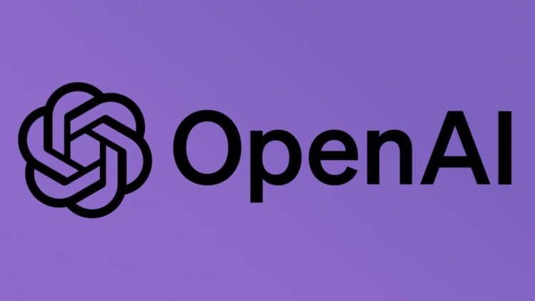 لوگوی رسمی و نام شرکت OpenAI در پس‌زمینه بنفش‌رنگ.