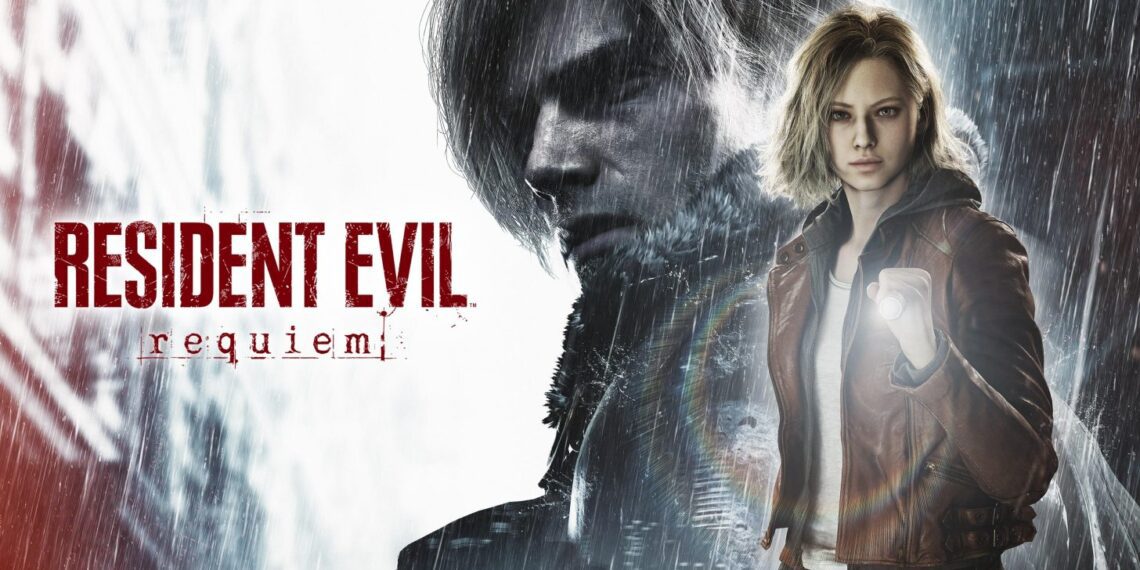 آرت‌ورک رسمی بازی Resident Evil Requiem با نمایش لوگوی بازی و فضای بارانی و تاریک، تاکید بر حال‌وهوای ترس روان‌شناختی، بقا و روایت داستان‌محور با حضور دو شخصیت قابل بازی این عنوان