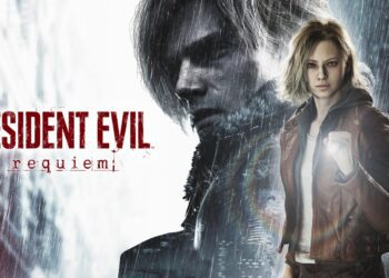 آرت‌ورک رسمی بازی Resident Evil Requiem با نمایش لوگوی بازی و فضای بارانی و تاریک، تاکید بر حال‌وهوای ترس روان‌شناختی، بقا و روایت داستان‌محور با حضور دو شخصیت قابل بازی این عنوان