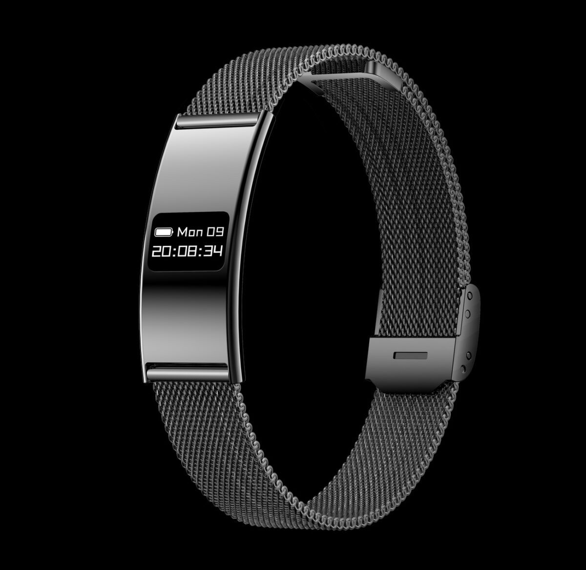 دستبند هوشمند فلزی ظریف با بند مشبک مشکی و نمایشگر دیجیتال که زمان و تاریخ را نشان می‌دهد.