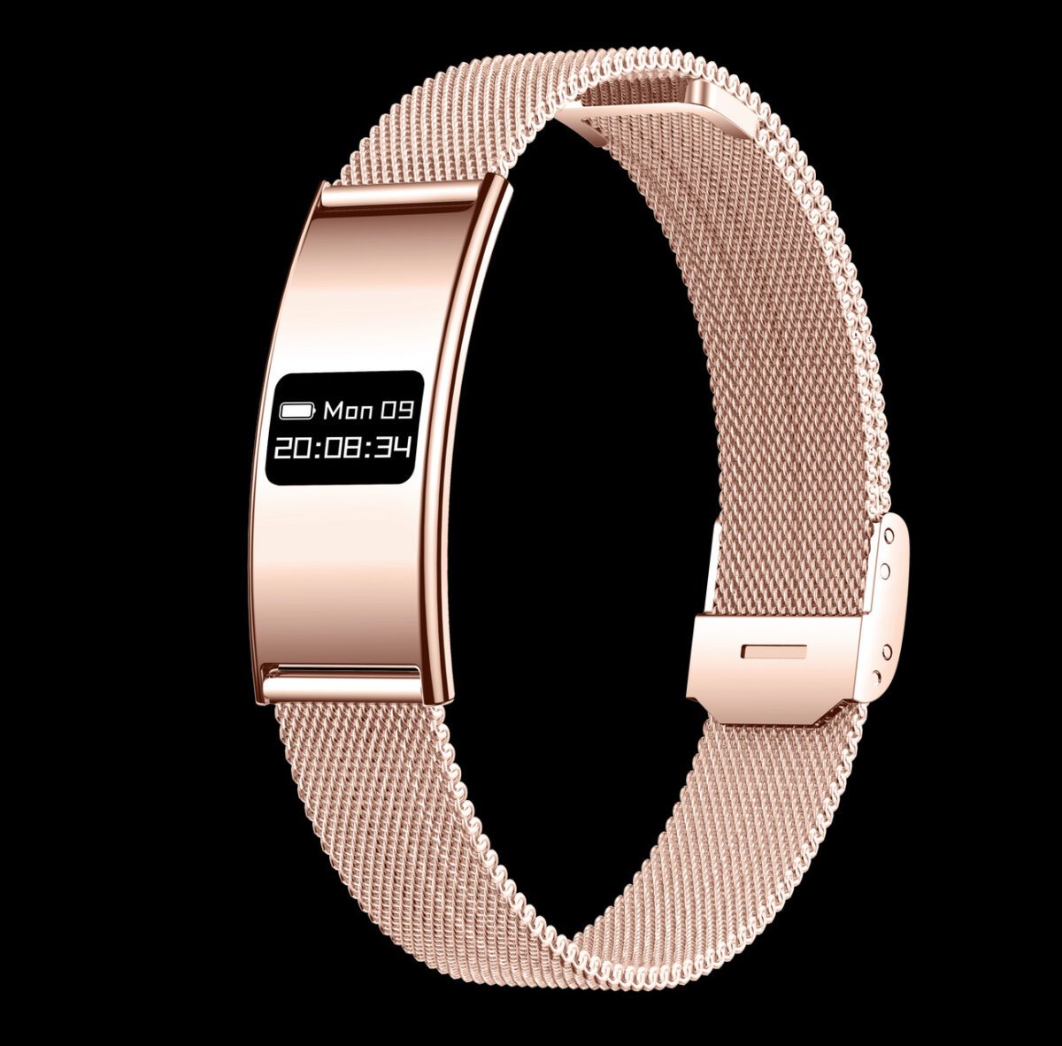 دستبند هوشمند فلزی ظریف با بند مشبک رزگلد و نمایشگر دیجیتال که زمان و تاریخ را نشان می‌دهد.
