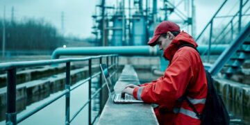 فردی با لباس کار قرمز و کلاه در حال کار با لپ‌تاپ در محوطه باز یک تأسیسات تصفیه آب صنعتی.