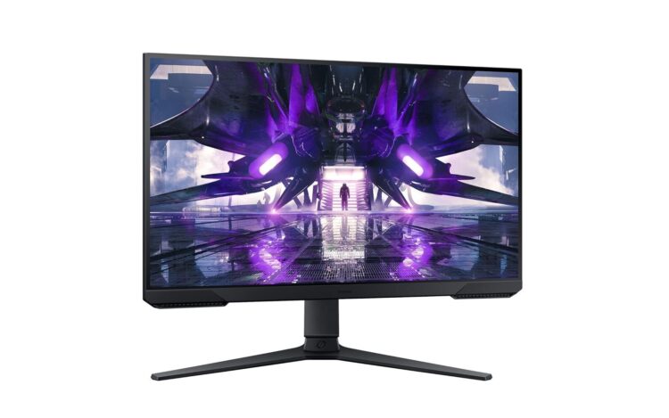 مانیتور گیمینگ سامسونگ مدل Odyssey که تصویر یک سفینه فضایی بنفش‌رنگ را نمایش می‌دهد.