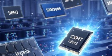 تصویرسازی مفهومی تراشه‌های حافظه HBM3 با نمایش برندهای Samsung، SK hynix و CXMT در مرکز یک دیتاسنتر دیجیتال، اشاره به رقابت تولید حافظه پیشرفته برای پردازش هوش مصنوعی