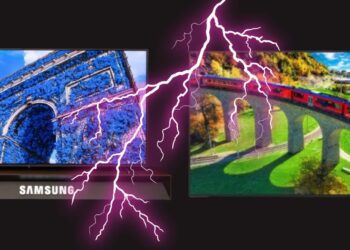 طرح گرافیکی مقایسه تلویزیون‌های Micro LED سامسونگ و ال‌جی با نماد صاعقه.