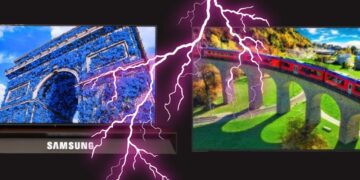 طرح گرافیکی مقایسه تلویزیونهای Micro LED سامسونگ و الجی با نماد صاعقه.