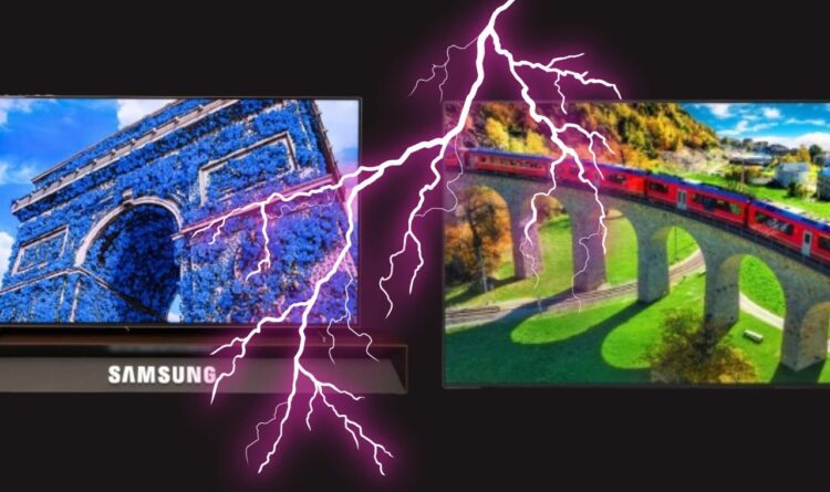 طرح گرافیکی مقایسه تلویزیون‌های Micro LED سامسونگ و ال‌جی با نماد صاعقه.